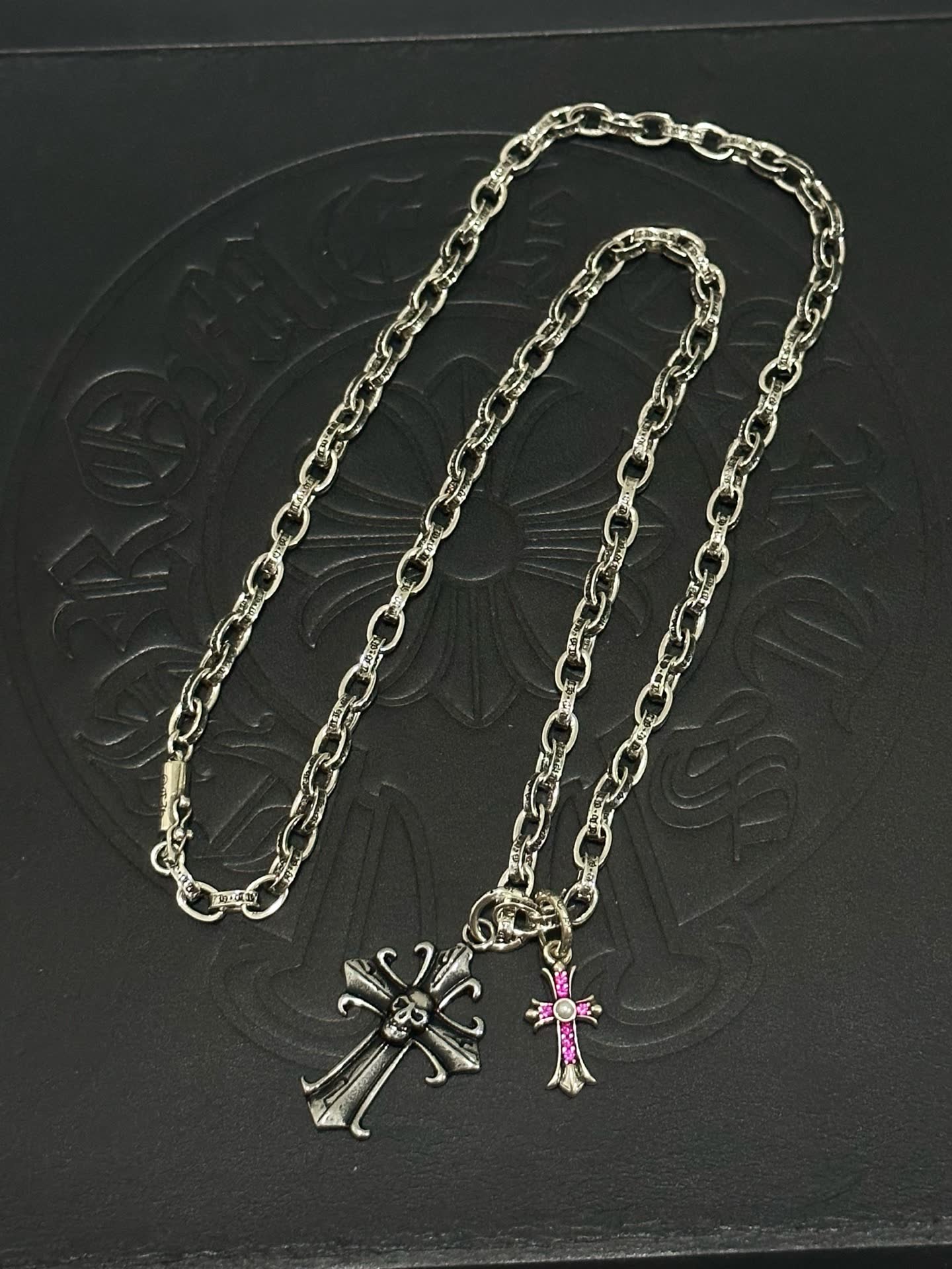 Chrome Hearts Silver Cross Pendant Necklace with Pink Crystal Accents